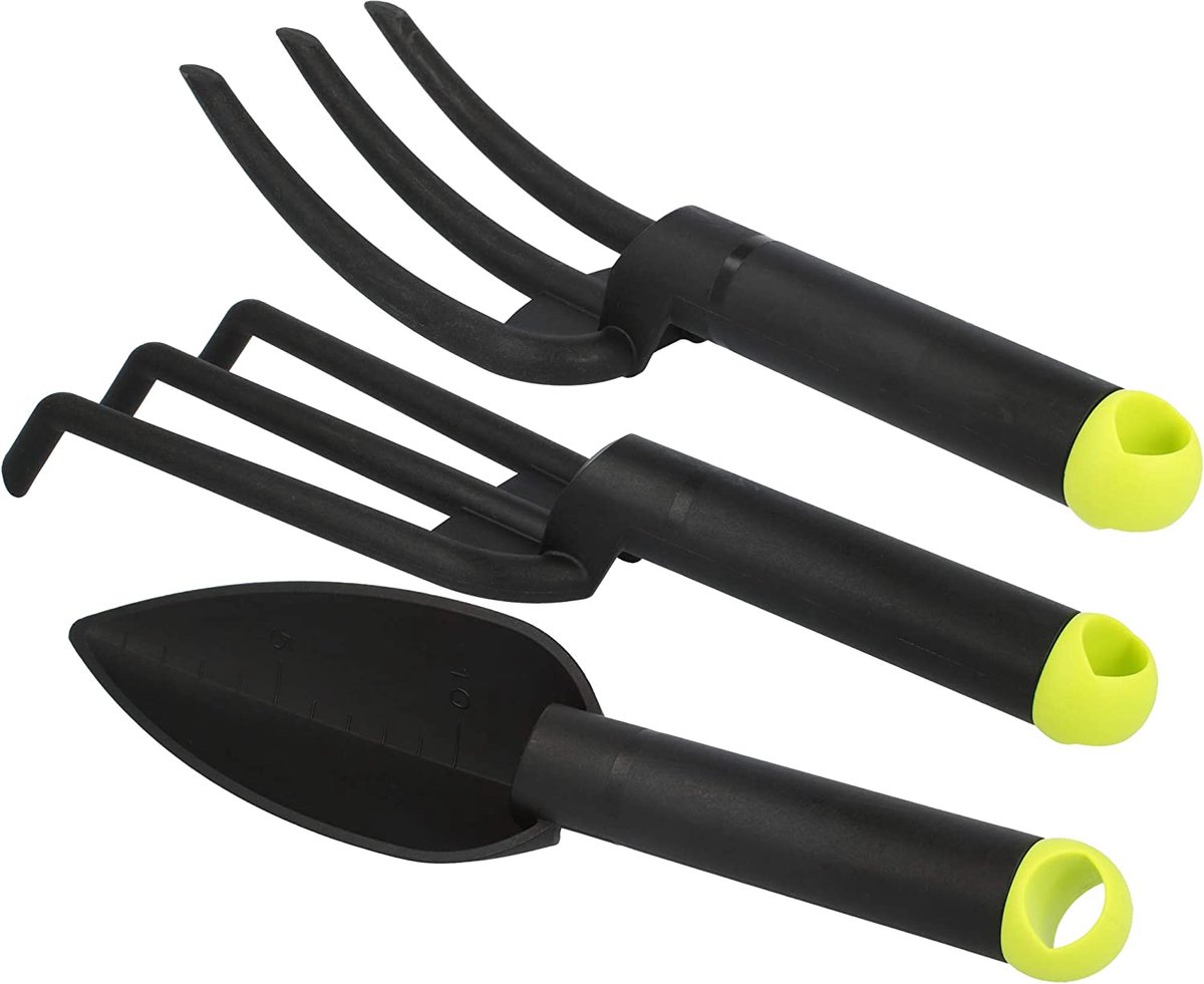Tuinset met kleine rubber, bloemenkels, plantenenkels, bloemenvork, hark, onkruidsteker, kleine bezem en dubbele hak