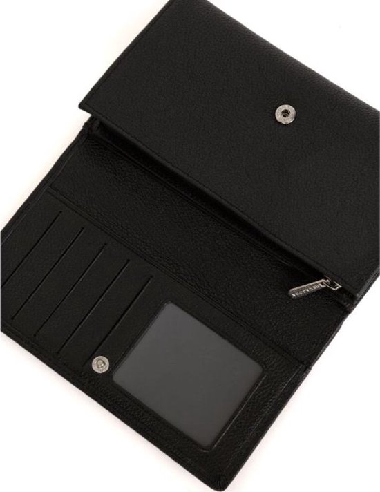 Portefeuille noire en cuir ouverte, avec des compartiments, une fenêtre transparente et un bouton-pression.