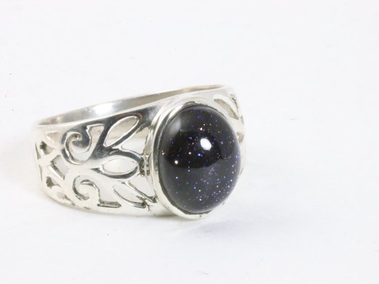 Opengewerkte zilveren ring met blauwe zonnesteen - maat 19.5