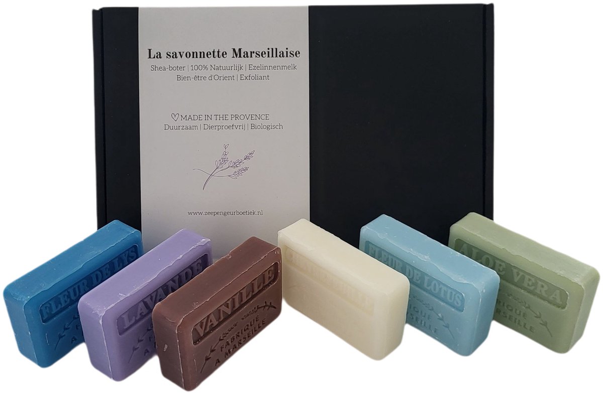 Goedkoopste Soap bar set savon de marseille Fleur de lys, fleur de lotus, lavendel, vanille, aloe vera, chevrefeuille 6x125 gr.