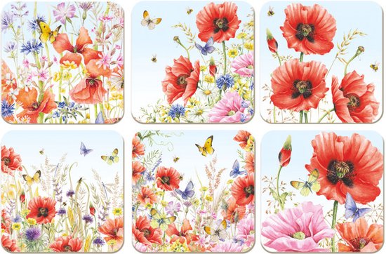 Ensemble de 6 sous-verres avec diverses représentations de fleurs d'été, coquelicots, bleuets, papillons et abeilles.