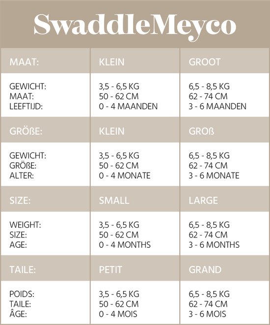 Maattabel voor Swaddle Meyco in zandkleur: klein en groot.