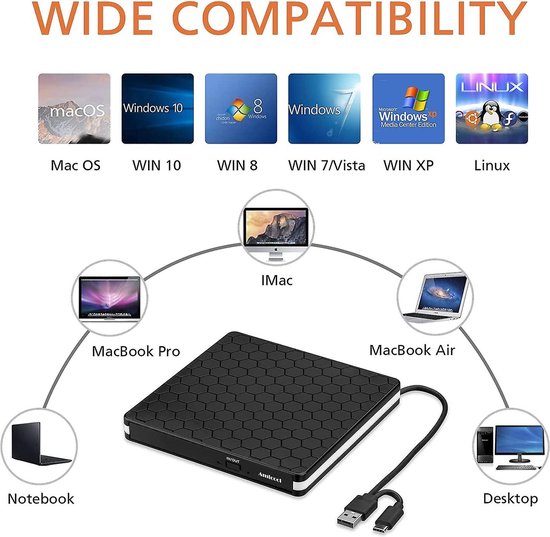 Externe DVD Speler & Brander - DVD/CD Drive voor Laptop & Macbook - Mac & Windows Computer - Data & Voeding Via USB 3.0 of USB C - Opline
