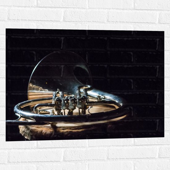 Muursticker - Liggend Gouden Blaasinstrument tegen Zwarte Achtergrond - 80x60 cm Foto op Muursticker