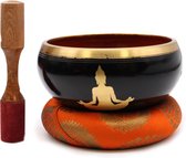 Grote Boeddha Klankschaal Set - Zwart Oranje - 14cm - Singing Bowl - Klank Schaal - Meditatie Schaal met Aanstrijkhout & Kussen