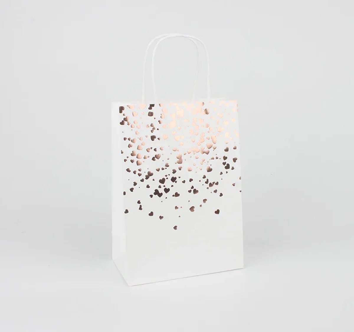 Papieren Tasjes Wit met Hartjes- 5 stuks - Uitdeel Tasjes - Rose Gold - Rose Goud - Feest - Bruiloft - Chique - Gift Tasjes - Cadeau Tasjes - Kinderfeestje Tasjes - Gift Bag - Kado Tasjes - Uitdeel Zakjes - Luxe Gift Bags - Cadeau - Tasje Met Handvat