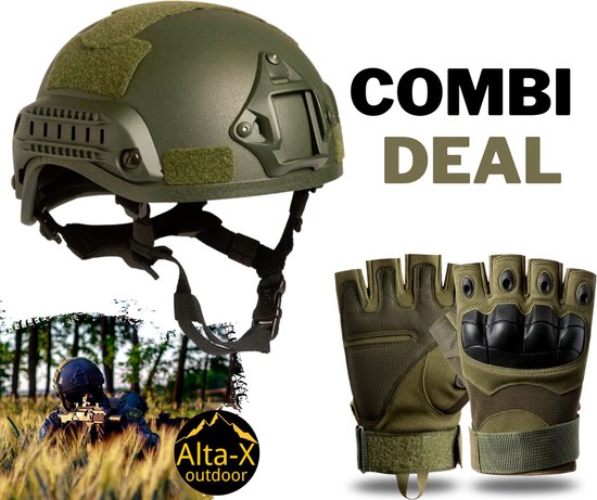 Alta-X - Airsoft Helm & Airsoft Vingerloze Handschoenen Groen Combi deal - Paintbal helm - leger Helm - leger handschoenen -
