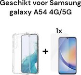 samsung a54 4G/5G siliconen transparant hoesje antischok + 1x screenprotector samsung galaxy A54 4G/5G antishock backcover doorzichtig achterkant + 1x tempered glas protectie