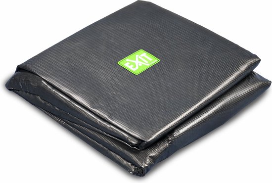 Gevouwen, donkergrijze trampoline afdekhoes met EXIT logo.