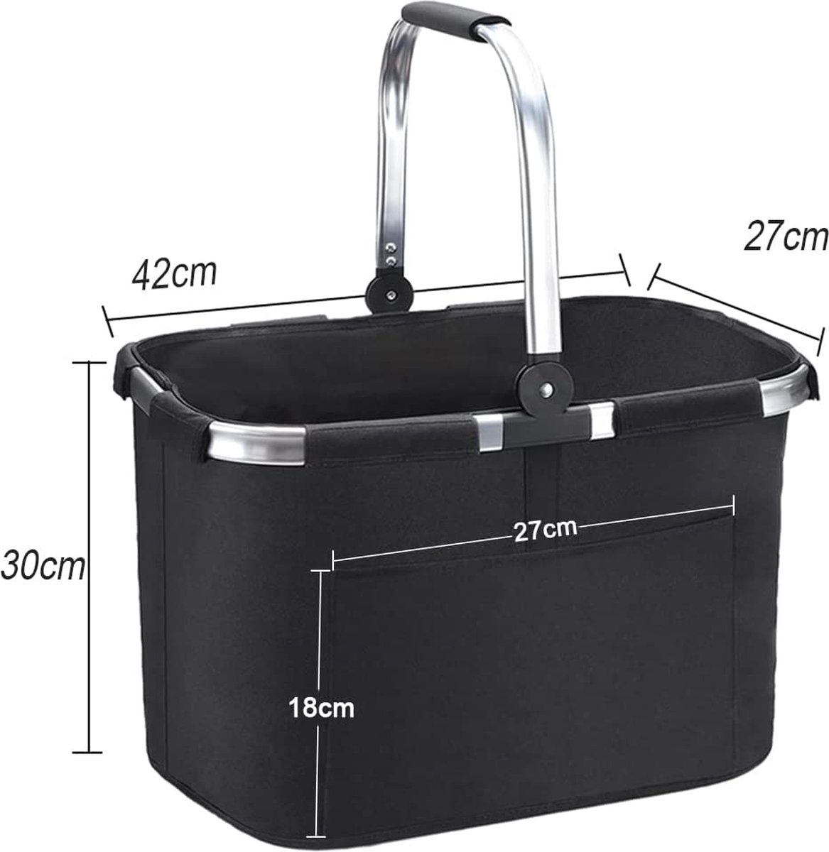 Opvouwbare boodschappenmand grijs, grote picknickmand met gevoerde handgrepen, praktische opvouwbare mand, boodschappentas met aluminium frame