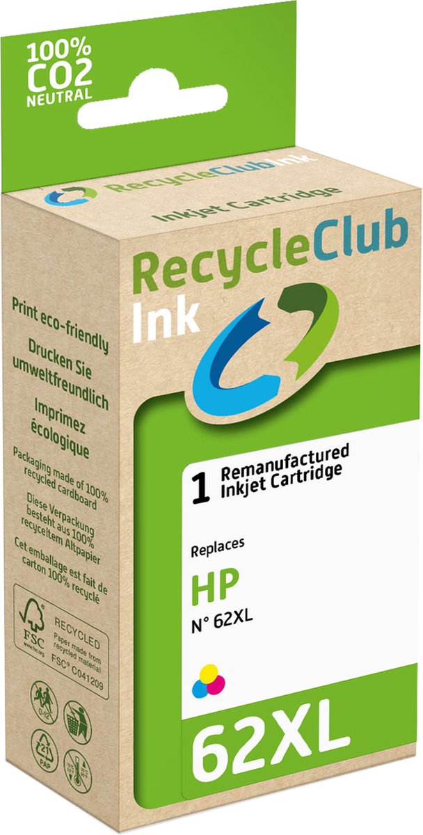 RecycleClub inktcartridge - Inktpatroon - Geschikt voor HP - Alternatief voor HP 62XL Kleur 21ml - 410 pagina's