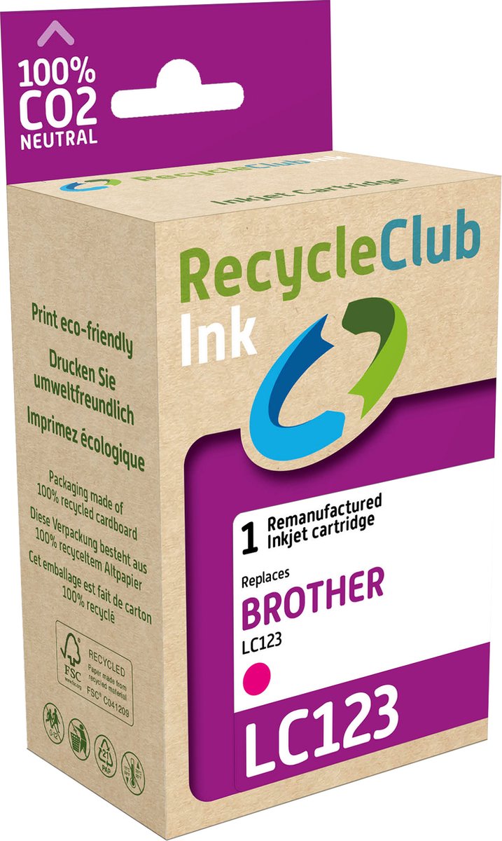 RecycleClub inktcartridge - Inktpatroon - Geschikt voor Brother - Alternatief voor Brother LC-123 Magenta Rood 10ml - 705 pagina's
