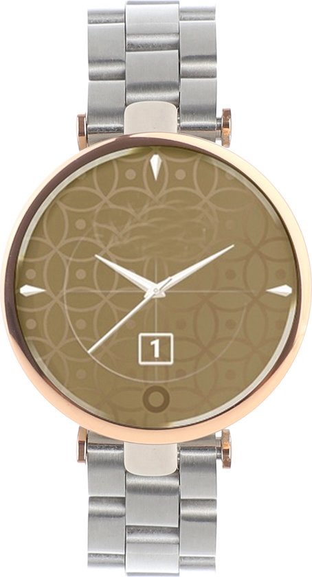 Bracelet de montre connectée en métal argenté avec bordure en or rose, cadran marron à motifs et affichage de la date '1'.