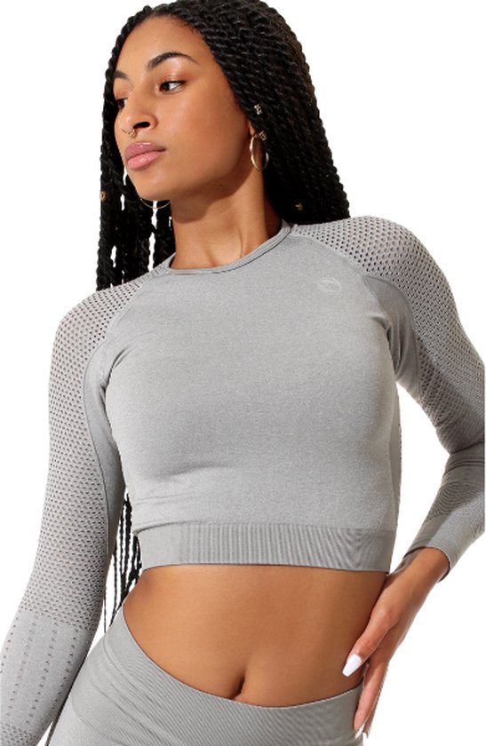 Crop top sport femme - chemise sport manches longues - haut sport - Grijs Chiné - Taille S