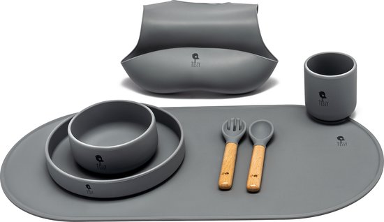7 delige set Siliconen Kinderservies set - Superieure kwaliteit - grijs -( cloudy ) - Eetset peuter-Baby Servies-Kinderservies- Onbreekbaar - Babybestek - 100% Siliconen BPA-vrij - Oven-, Vriezer- en Vaatwasserbestendig - Kraamcadeau -Babyshower van Chickaboo. — afbeelding 3