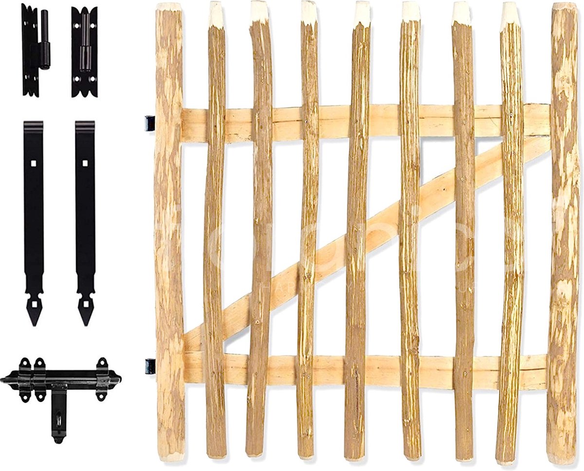 Floranica Houten tuinpoort hazelnoot voor schapenhek stakethek boerderenhek kastanjehek lattenafstand 6-9 cm tuinpoort tot hek 120cm voor schapenhek Hoogte: 115cm Breedte: 100cm