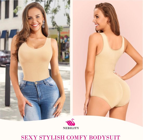 Vrouwen bodysuit, beige, gedragen met jeans. Sexy, stijlvolle, comfortabele bodysuit.