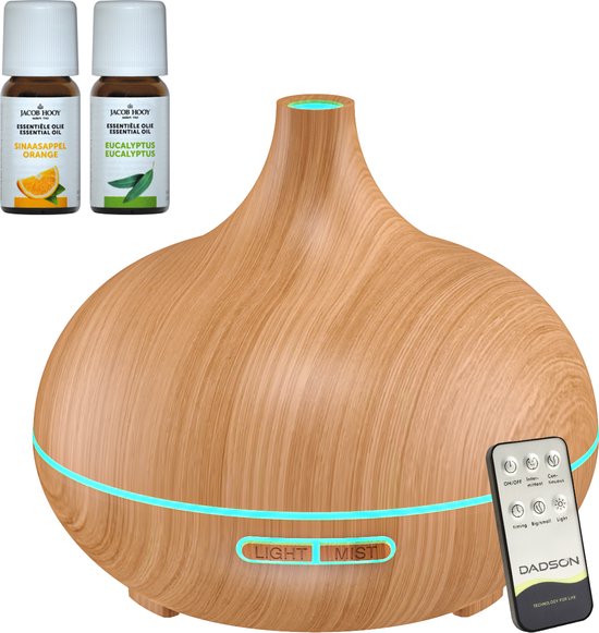 Aroma Diffuser 550ml met afstandsbediening en 2 x Jacob Hooy olie – Vernevelaar – Luchtbevochtiger – Geurverspreider – Aromatherapie