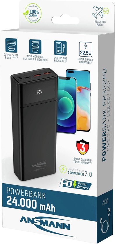 Ansmann PB322PD Powerbank 24000 mAh LiPo USB-A, USB-C Zwart