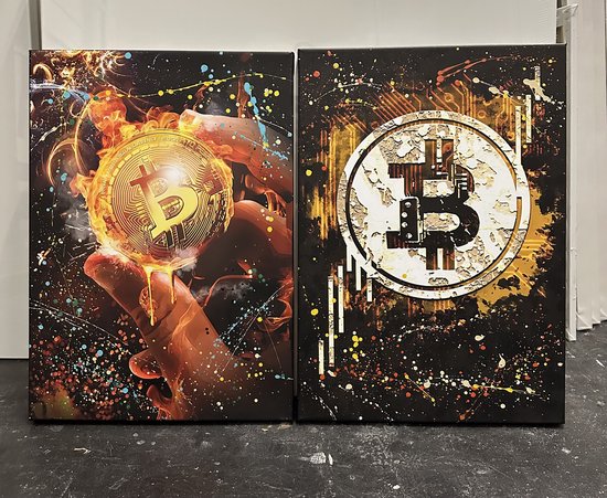 Schilderij Bitcoin- Twee Luik-Katoenen canvasdoek op houten frame- 2 st. x 70x50cm- Gemengde techniek afdrukken +Acrylverf- Klaar om op te hangen