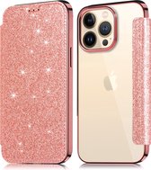 Flip Case Geschikt voor Apple iPhone 14 Pro Max - Roze - Glitters - Folio Hoesje