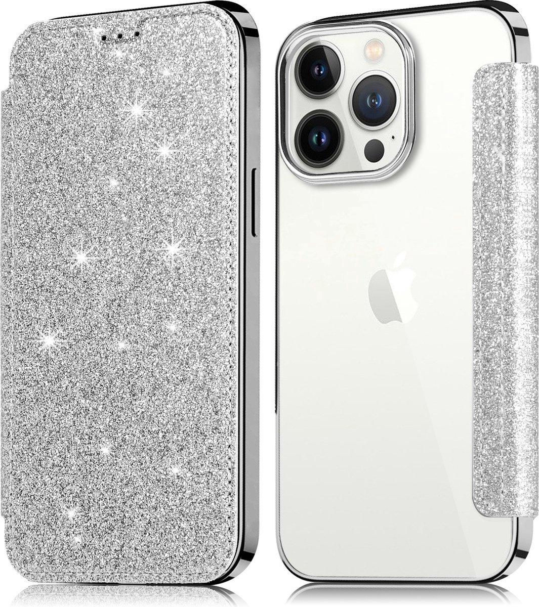 Flip Case Geschikt voor Apple iPhone 14 Pro - Zilver - Glitters - Folio Hoesje