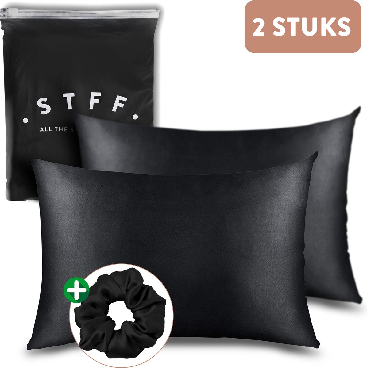 STFF & Co® Satijnen Kussensloop – 2 Stuks – Anti Age Silk – Zijden Zacht – Satijn Haarverzorging – Krullend Haar Producten – Huidverzorging – 60x70 cm – Zwart - STFF & co
