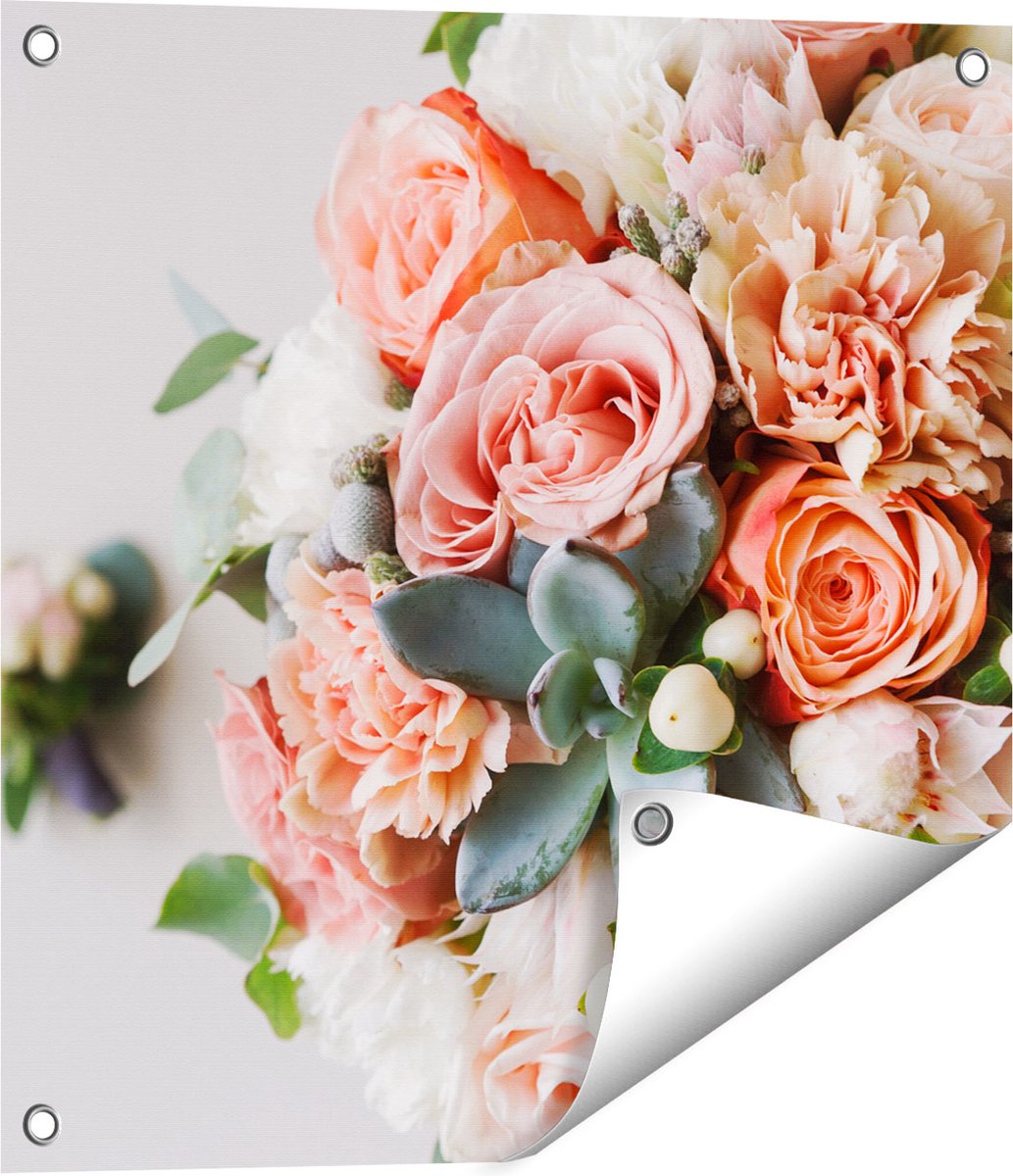 Gards Tuinposter Bloemen in Vaas - Boeket - 50x50 cm - Tuindoek - Tuindecoratie - Wanddecoratie buiten - Tuinschilderij Multikleur