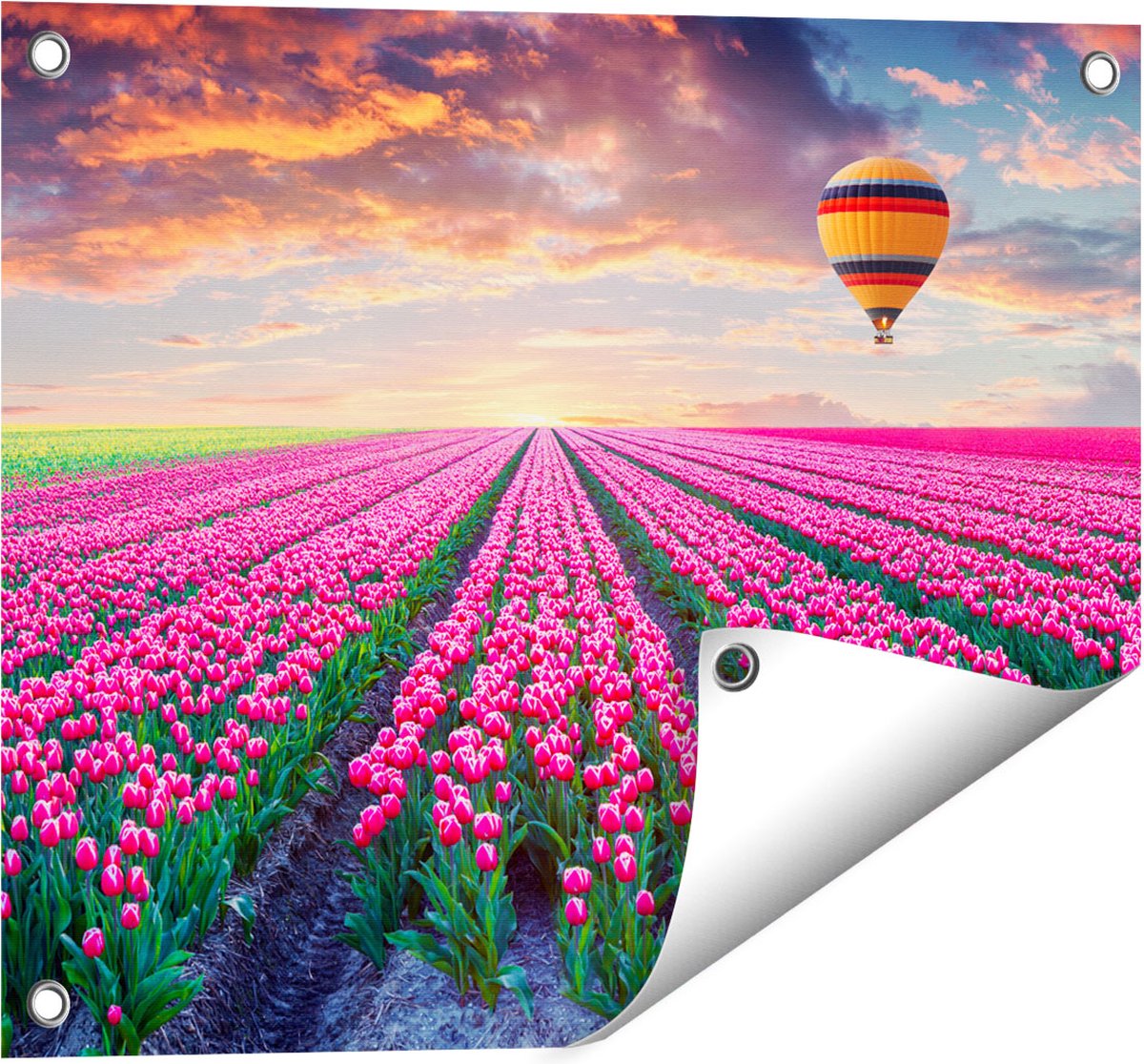 Gards Tuinposter Bloemenveld met Roze Tulpen - Luchtballon - 50x40 cm - Tuindoek - Tuindecoratie - Wanddecoratie buiten - Tuinschilderij Multikleur