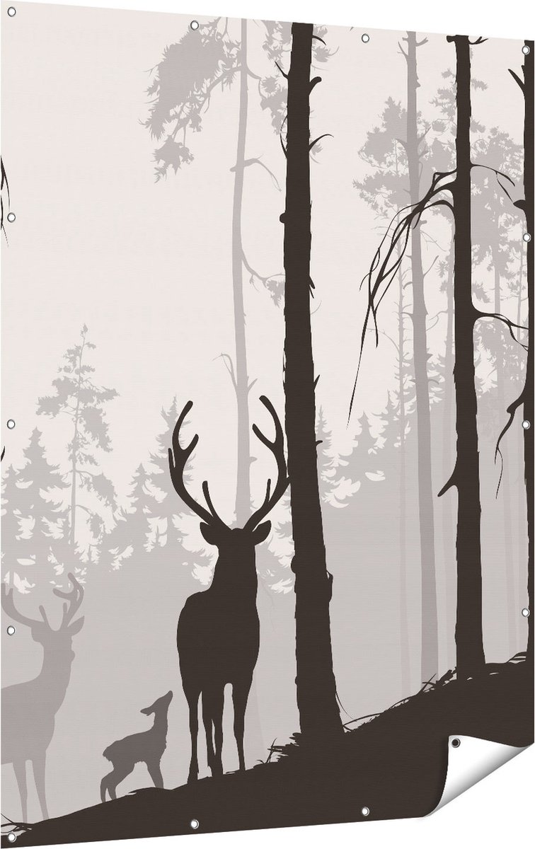 Gards Tuinposter Herten in het Bos - Silhouet - 120x160 cm - Tuindoek - Tuindecoratie - Wanddecoratie buiten - Tuinschilderij Multikleur