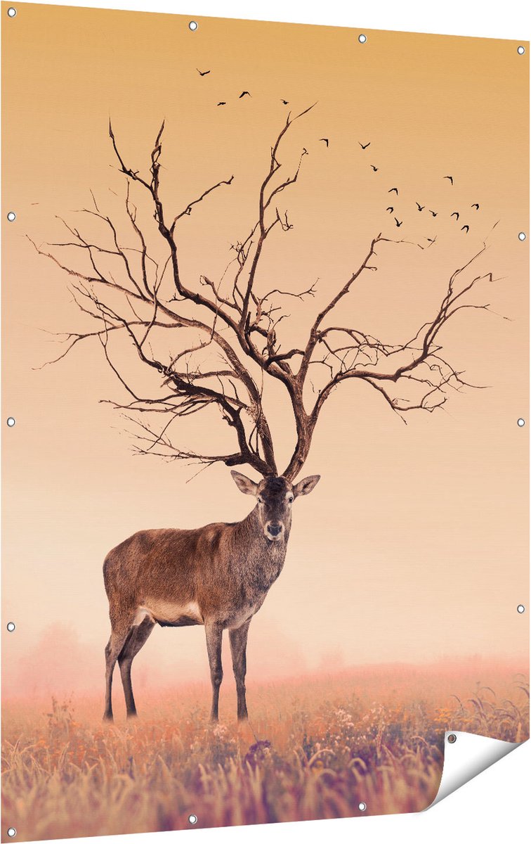 Gards Tuinposter Hert met een Bomen Gewei - 120x160 cm - Tuindoek - Tuindecoratie - Wanddecoratie buiten - Tuinschilderij Multikleur