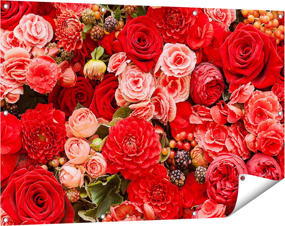 Gards Tuinposter Rode en Roze Bloemen met Fruit - Abstract - 120x80 cm - Tuindoek - Tuindecoratie - Wanddecoratie buiten - Tuinschilderij Multikleur