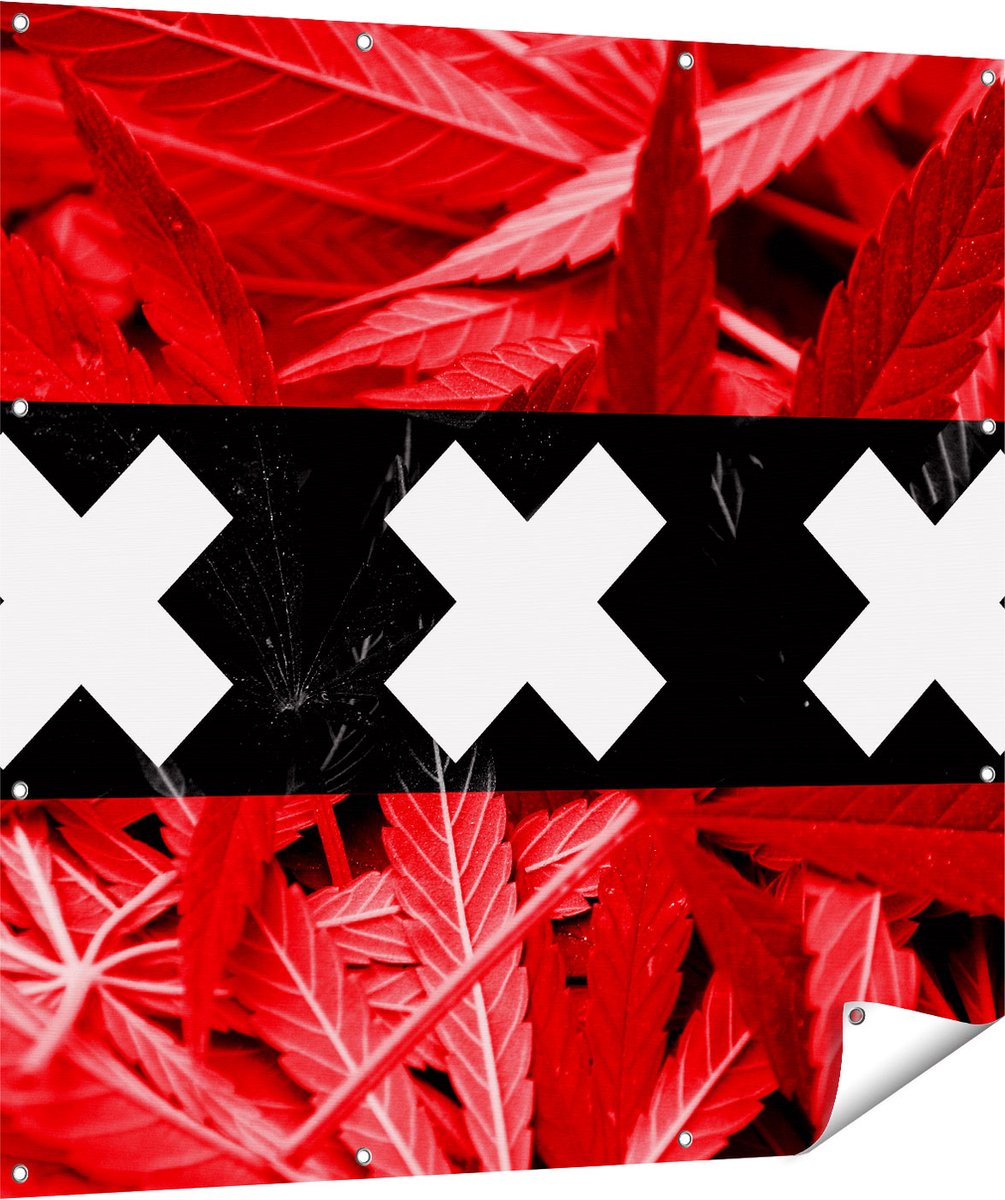 Gards Tuinposter Amsterdamse Vlag met Cannabis Achtergrond - 120x120 cm - Tuindoek - Tuindecoratie - Wanddecoratie buiten - Tuinschilderij Multikleur