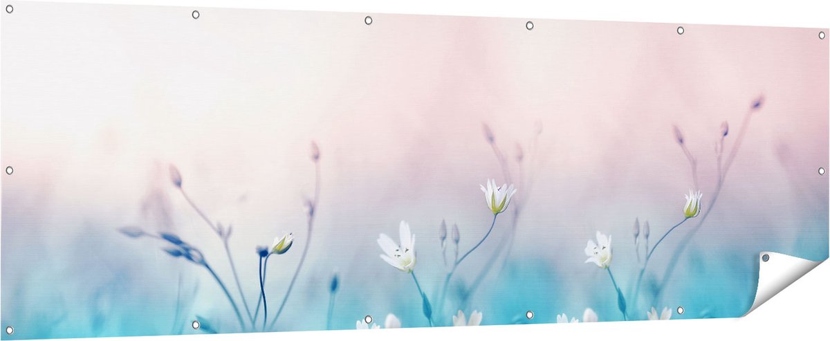 Gards Tuinposter Witte Bloemen op een Blauw Achtergrond - 210x70 cm - Tuindoek - Tuindecoratie - Wanddecoratie buiten - Tuinschilderij Multikleur