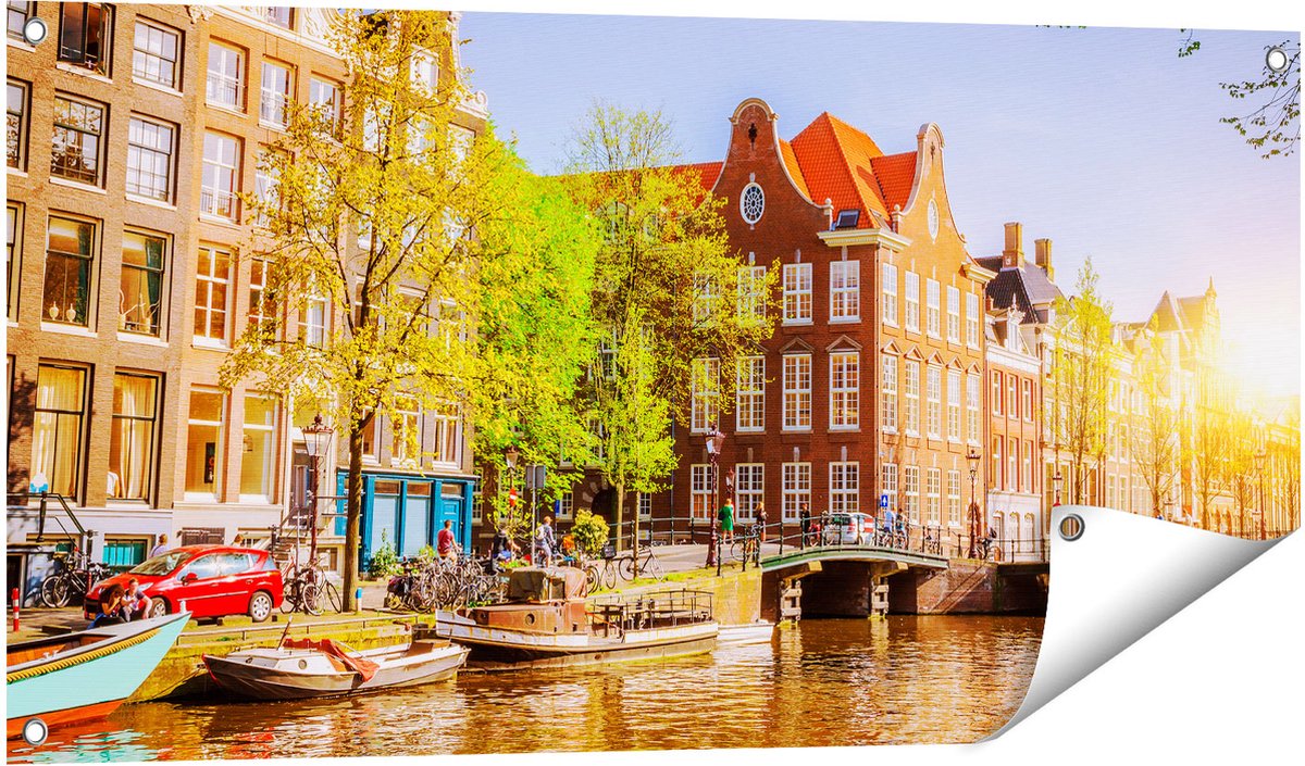 Gards Tuinposter Amsterdamse Gracht tijdens Zonsondergang - 100x50 cm - Tuindoek - Tuindecoratie - Wanddecoratie buiten - Tuinschilderij Multikleur