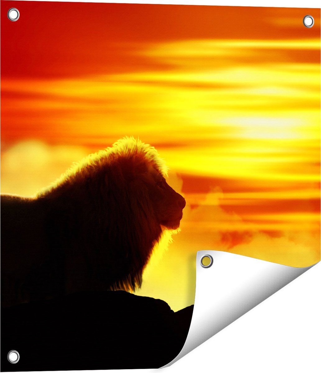 Gards Tuinposter Leeuw en Tijger - Silhouet - Zonsopkomst - 50x50 cm - Tuindoek - Tuindecoratie - Wanddecoratie buiten - Tuinschilderij Multikleur