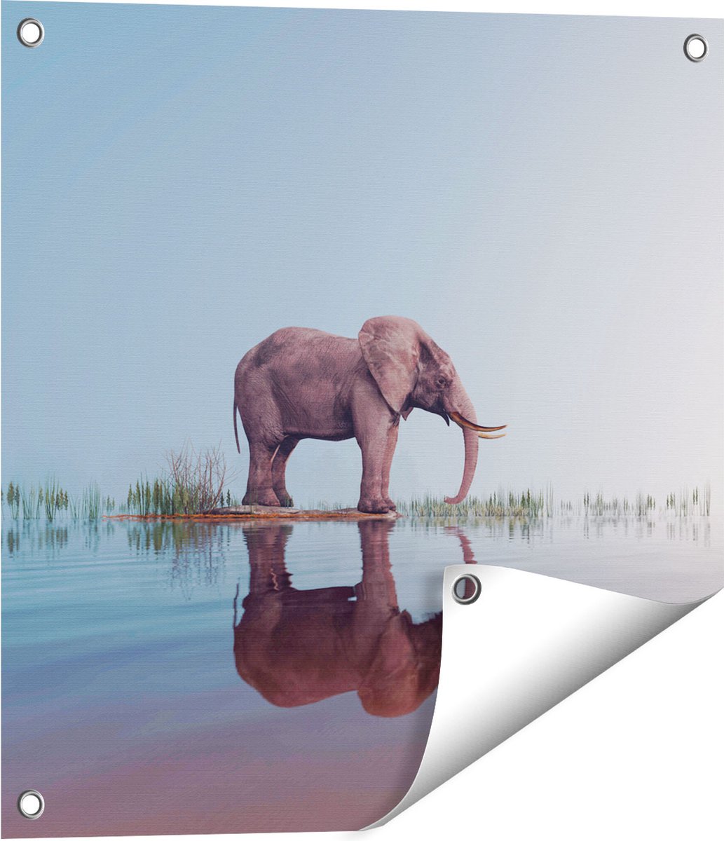 Gards Tuinposter Olifant bij het Water - 50x50 cm - Tuindoek - Tuindecoratie - Wanddecoratie buiten - Tuinschilderij Multikleur