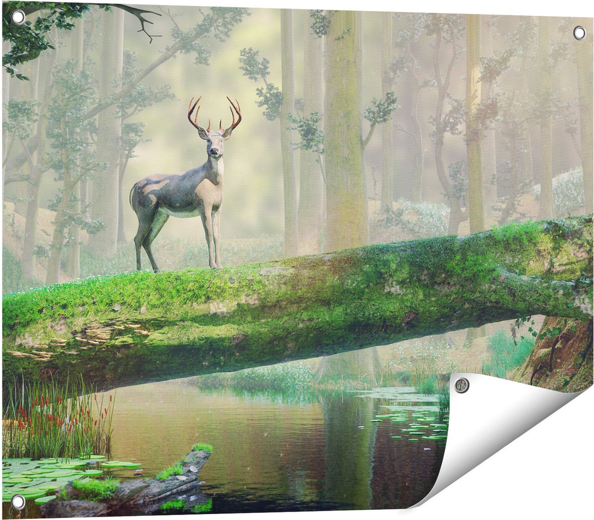 Gards Tuinposter Hert in het Bos op een Boom - 80x60 cm - Tuindoek - Tuindecoratie - Wanddecoratie buiten - Tuinschilderij Multikleur