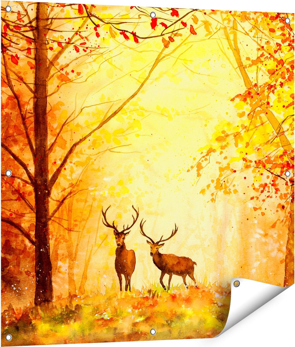 Gards Tuinposter Getekende Herten in het Bos - Herfst - 90x90 cm - Tuindoek - Tuindecoratie - Wanddecoratie buiten - Tuinschilderij Multikleur