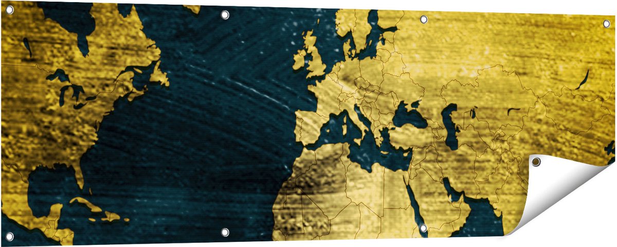 Gards Tuinposter Gouden Wereldkaart - 150x50 cm - Tuindoek - Tuindecoratie - Wanddecoratie buiten - Tuinschilderij Multikleur