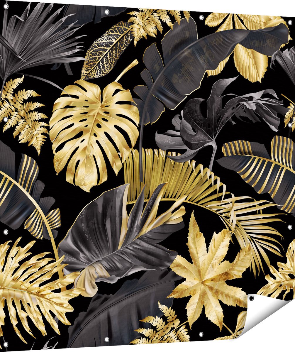 Gards Tuinposter Gouden Tropische Bladeren - 120x120 cm - Tuindoek - Tuindecoratie - Wanddecoratie buiten - Tuinschilderij Multikleur