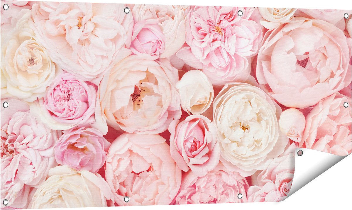 Gards Tuinposter Witte Roze Rozen Boeket - Bloemen - 120x60 cm - Tuindoek - Tuindecoratie - Wanddecoratie buiten - Tuinschilderij Multikleur