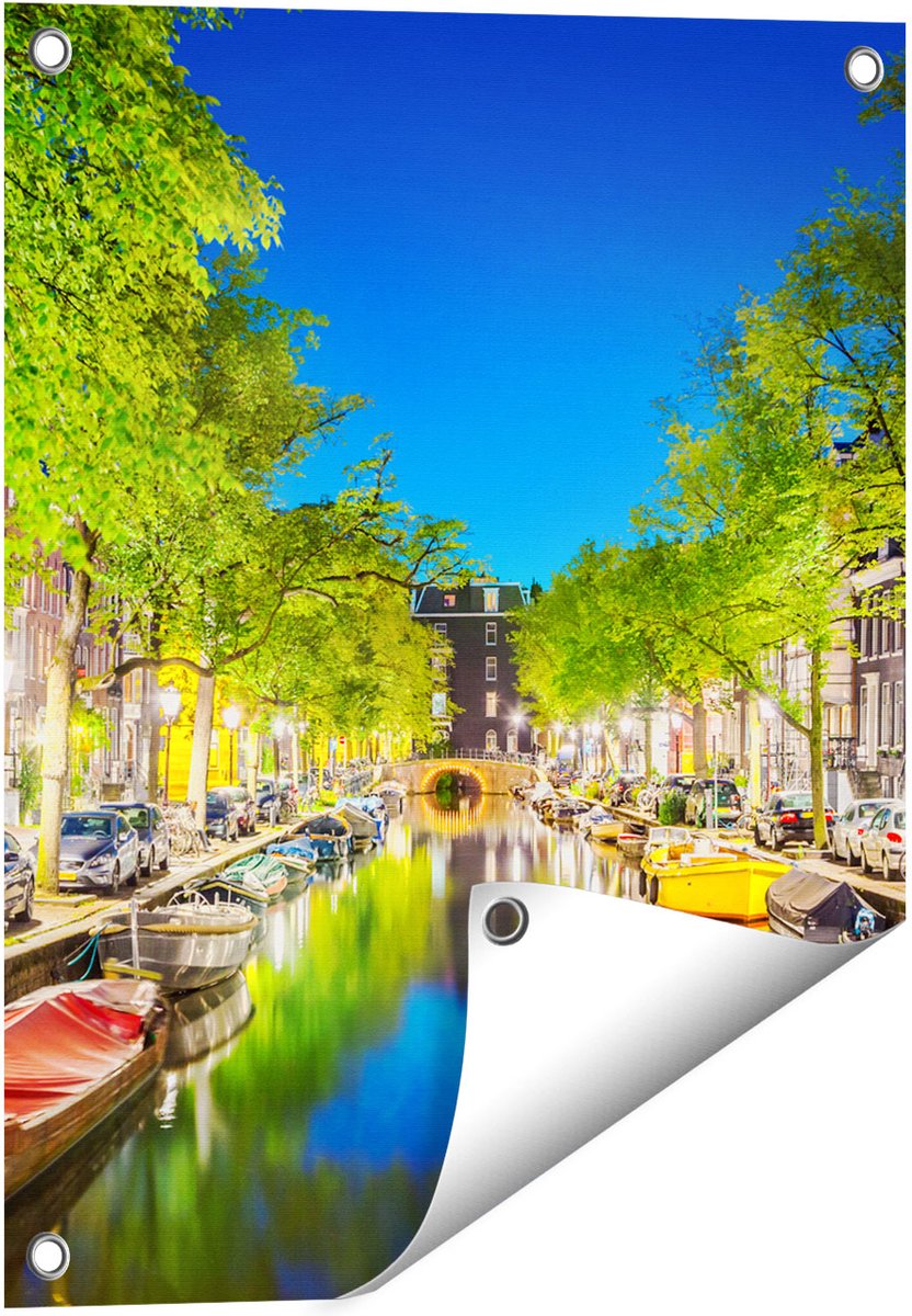 Gards Tuinposter Amsterdamse Gracht in de Nacht - 40x50 cm - Tuindoek - Tuindecoratie - Wanddecoratie buiten - Tuinschilderij Multikleur