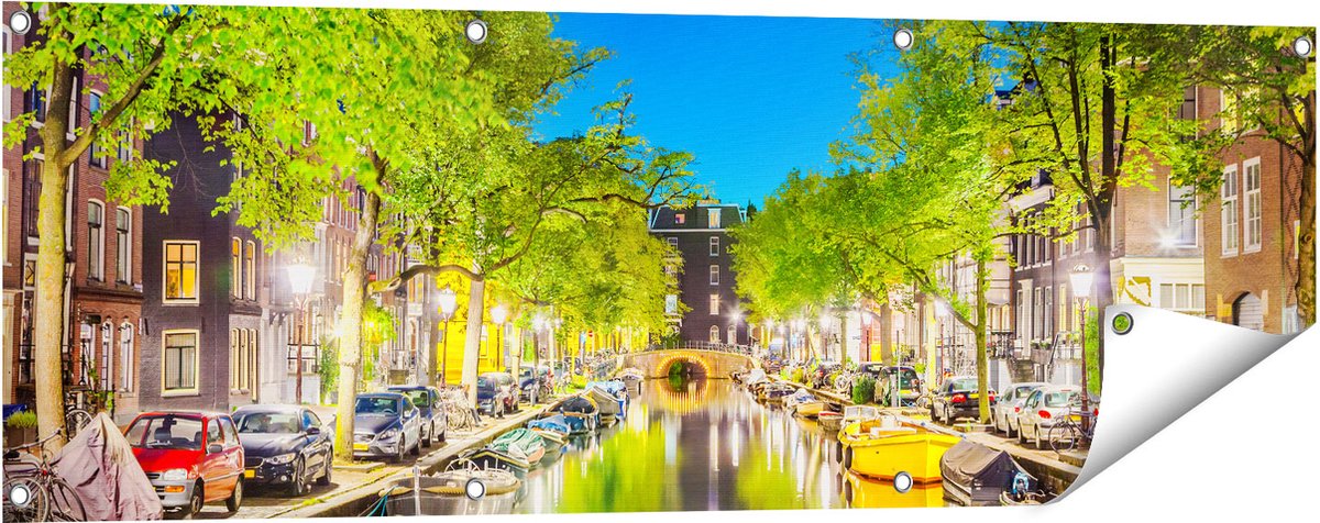 Gards Tuinposter Amsterdamse Gracht in de Nacht - 120x40 cm - Tuindoek - Tuindecoratie - Wanddecoratie buiten - Tuinschilderij Multikleur