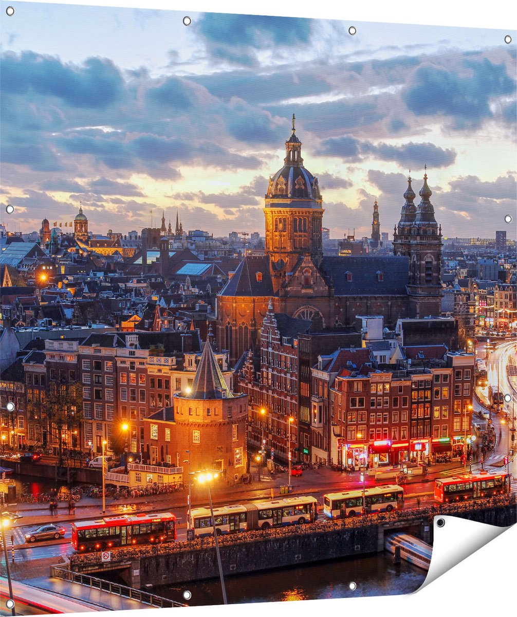 Gards Tuinposter Amsterdam Centrum Luchtfoto Zonsondergang - 120x120 cm - Tuindoek - Tuindecoratie - Wanddecoratie buiten - Tuinschilderij Multikleur