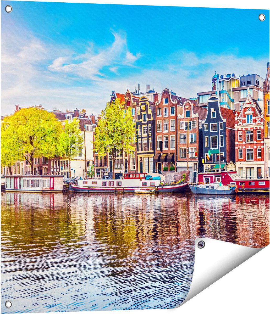 Gards Tuinposter Amsterdamse Huisjes aan het Water - 70x70 cm - Tuindoek - Tuindecoratie - Wanddecoratie buiten - Tuinschilderij Multikleur