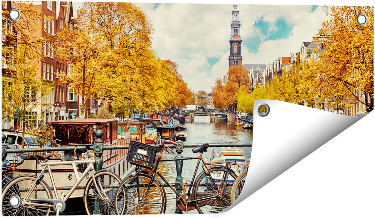 Gards Tuinposter Amsterdamse Brug bij een Brug met Fietsen - 60x30 cm - Tuindoek - Tuindecoratie - Wanddecoratie buiten - Tuinschilderij Multikleur