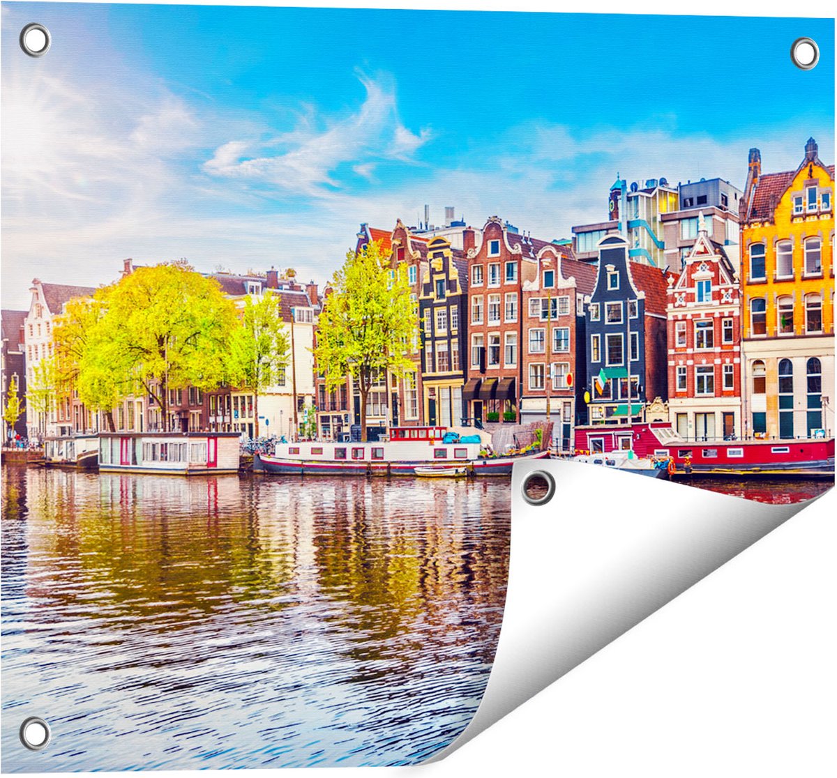 Gards Tuinposter Amsterdamse Huisjes aan het Water - 50x40 cm - Tuindoek - Tuindecoratie - Wanddecoratie buiten - Tuinschilderij Multikleur