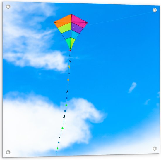 Tuinposter – Foto van Kleurrijke Vlieger onder Schapenwolken - 80x80 cm Foto op Tuinposter (wanddecoratie voor buiten en binnen)