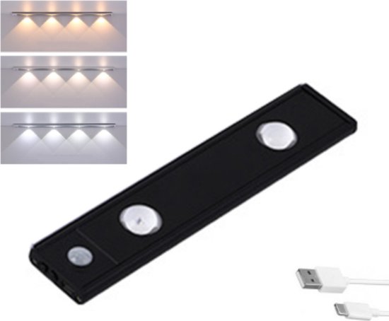 LED lamp 20cm met bewegingssensor - 3 kleuren(warm wit, wit en koud wit) - USB - Aluminium - Magnetisch - Zwart